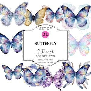 Fjärils Clipart PNG-paket, 21 akvarellkristaller, himmelska vintage godisfjärilsdesigner