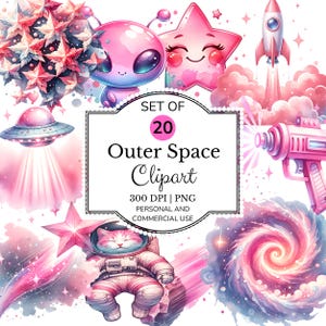 Space clipart-bundel, roze pastelontwerpen voor kinderillustraties, sublimatie en educatief materiaal, buitenaardse png, ufo-kunst, digitale download