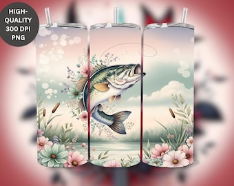 Adesivo per bicchiere termico Boho Bass Fishing: Scena floreale pastello di un lago (Download digitale PNG)