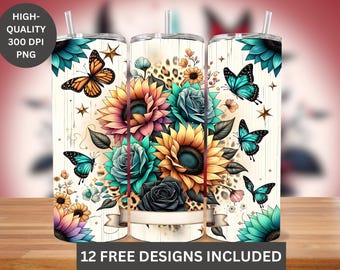 Rainbow Sunflower Tumbler Wrap PNG, gepersonaliseerde kleurrijke bloemen 20oz mager sublimatieontwerp met naam