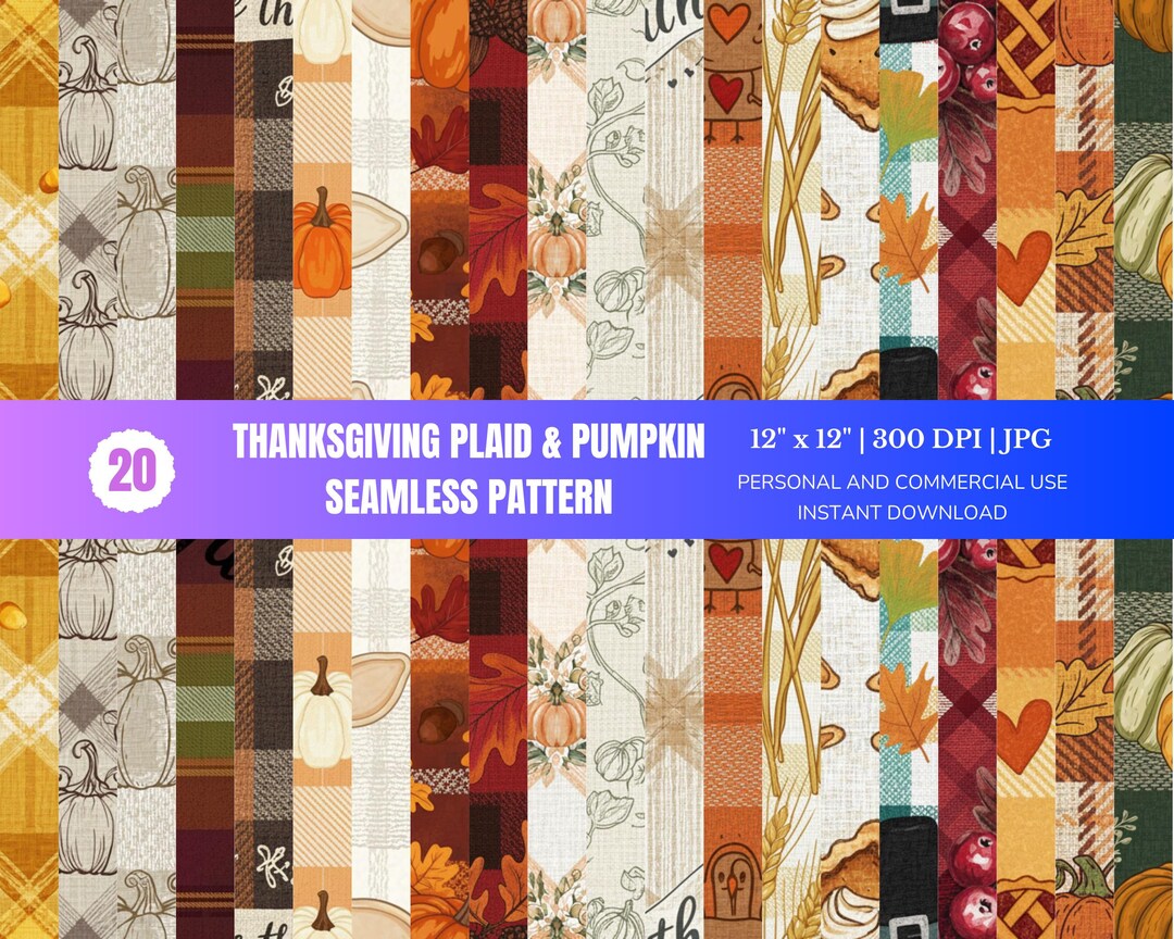 Thanksgiving Plaid Pumpkin Digital Paper, 20 Seamless Fall Patterns ...