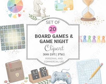 Bordspellen en game-avond clipart png-bundel, familiehobby aquarel iconen
