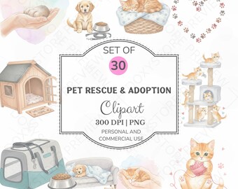 Paquete de imágenes prediseñadas de rescate y adopción de mascotas, conjunto PNG de amor animal en acuarela