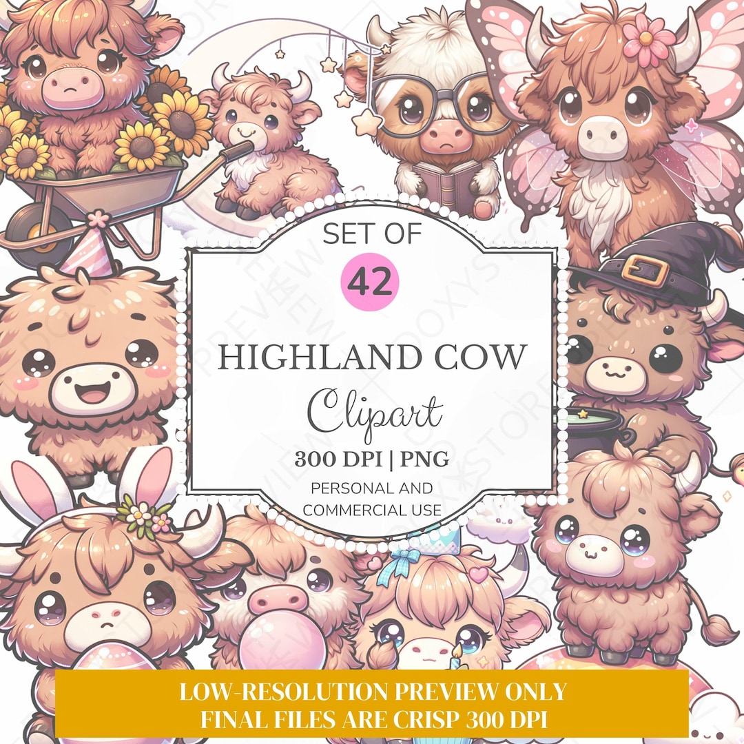 Highland Cow Clipart PNG Bundle: Farm Animal Designs (digital Download ...