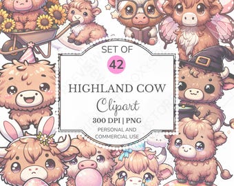 Pacchetto di clipart PNG di mucche delle Highlands: disegni di animali da fattoria (download digitale)
