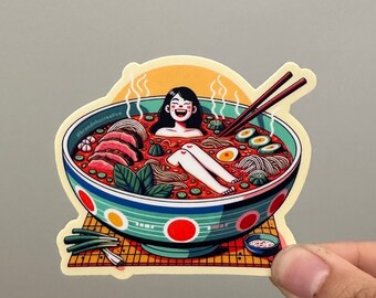 Girl Bathing in Bun Bo Hue Vietnamese Asian Noodle Soup Bowl Sticker - Perfect for Laptops, Planners, Phone Cases, and More!