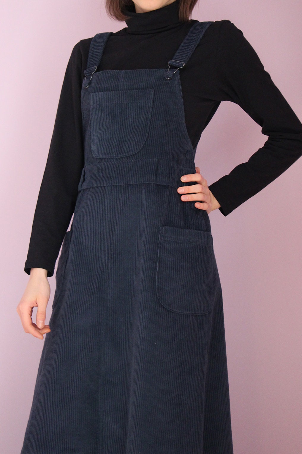 Long corduroy pinafore women dress with pockets blue casual Etsy
