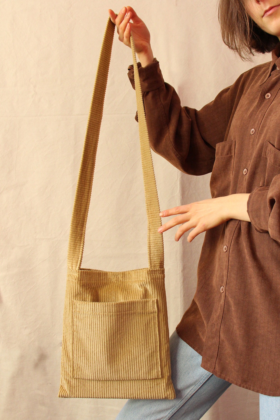 6 pockets small cross body corduroy tote bag snap button Etsy