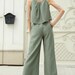 High waisted loose linen trousers, gathered wide leg linen pants with elastic waist - made to order 