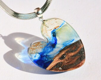 resin heart necklace, wood epoxy necklace,  engagement present,  push present, reversible pendant