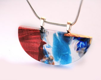 Half circle pendant -  red heart jewelry set - maple burl - round snake chain