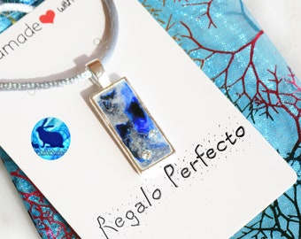 Sky Blue pendant, Rectangular Resin jewelry with 2 Zircon, Perfect 18th birthday gift