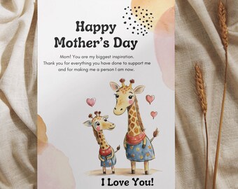 Tarjeta imprimible del Día de las Madres, Tarjeta de felicitación de diseño especial digital para mamá, Bebés de mamás animales lindos dibujados a mano, Regalo personalizado La mejor mamá de todos los tiempos