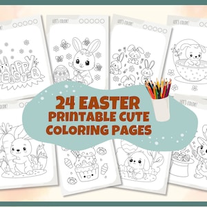 24 Easter Coloring Pages, Printable Coloring Book, Easter Bunny Coloring Pages,Printable Coloring Activity Sheets for Kids, Instant Download