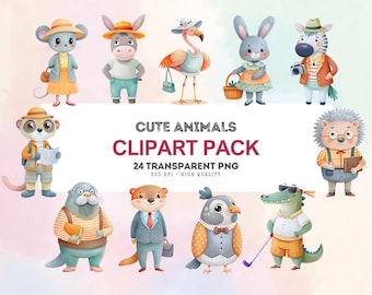 Watercolor Cute Animals Clipart, Digital Download Animal PNG Files, Watercolor Animals Transparent Background, Nursery Animal PNG
