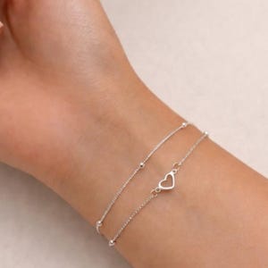 Sterling Silver Double Layer Heart Chain Bracelet, Adjustable Bracelet