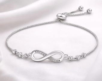 Sterling Silver Infinity Chain Bracelet, Adjustable Women Bracelet, Bridesmaids Gift,