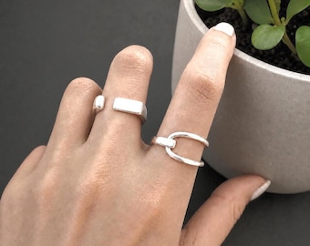 Bague géométrique ouverte en argent sterling 925 – Style minimaliste moderne, ajustable et empilable