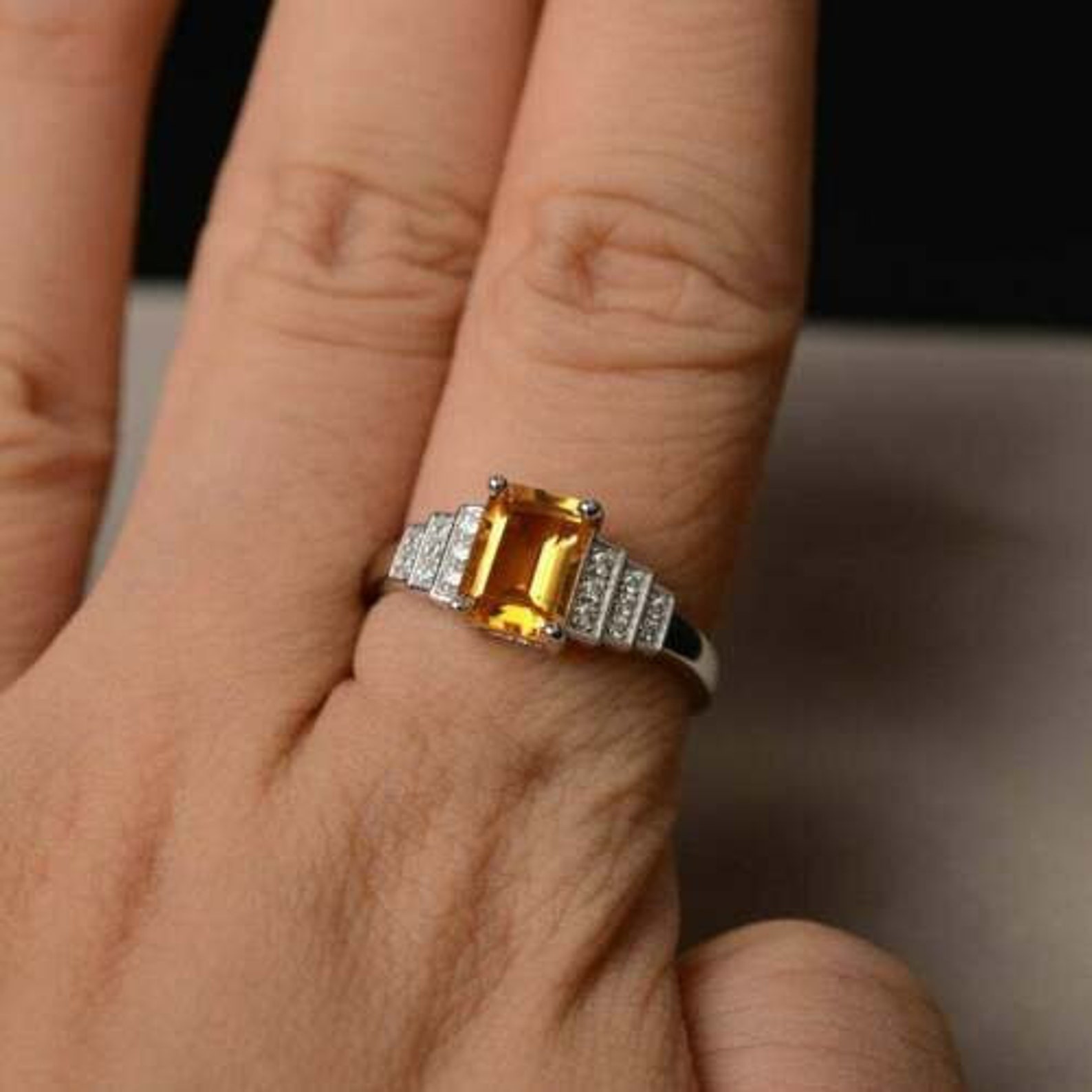 November birthstone ring 1 30 ct emerald cut citrine ring etsy