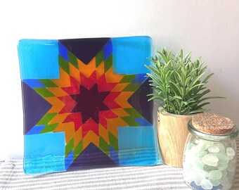 Fused Glass Plate Lone Star Geometric Quilt Design in Transparent Rainbow