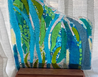 Fused Glass Panel -Sea Grasses- Blues and Greens with Dichroic Glass Accents