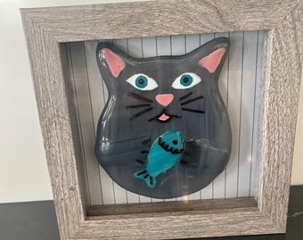 Fused Glass Grey Cat Mounted in Floating Frame