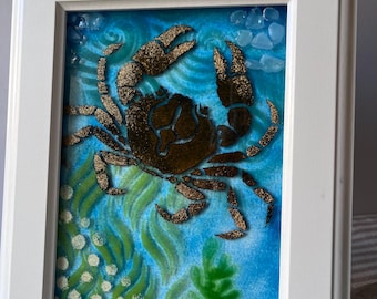 Framed Fused Glass Art Panel  - Crab Sea Life