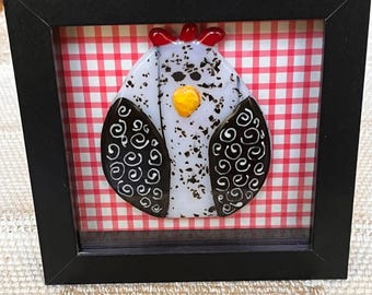 Framed fused glass chicken 5x5 shadow box