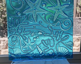 Blue Textured Sea Life Fused Glass plate or display panel - Star Fish Coral Shells