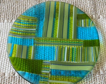 Between The Lines, Blue & Green Fused Glass Shallow Plate, food safe