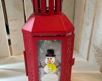 Red Metal Christmas Holiday Lantern with Fused Glass Panels Lights up