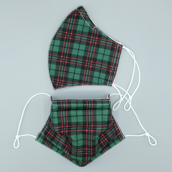 3 layer 4 layer Face Mask with Nose wire and Adjustable Ear loops (Classic Tartan) Christmas Mask Made in USA Custom fit Washable Reusable