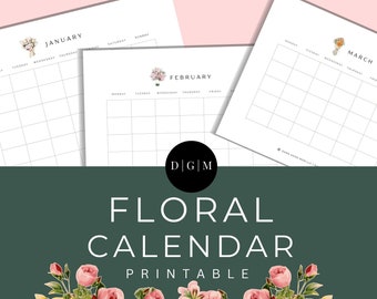 Printable Floral Calendar 12-Months | Blank Calendar Templates | Undated Calendar|