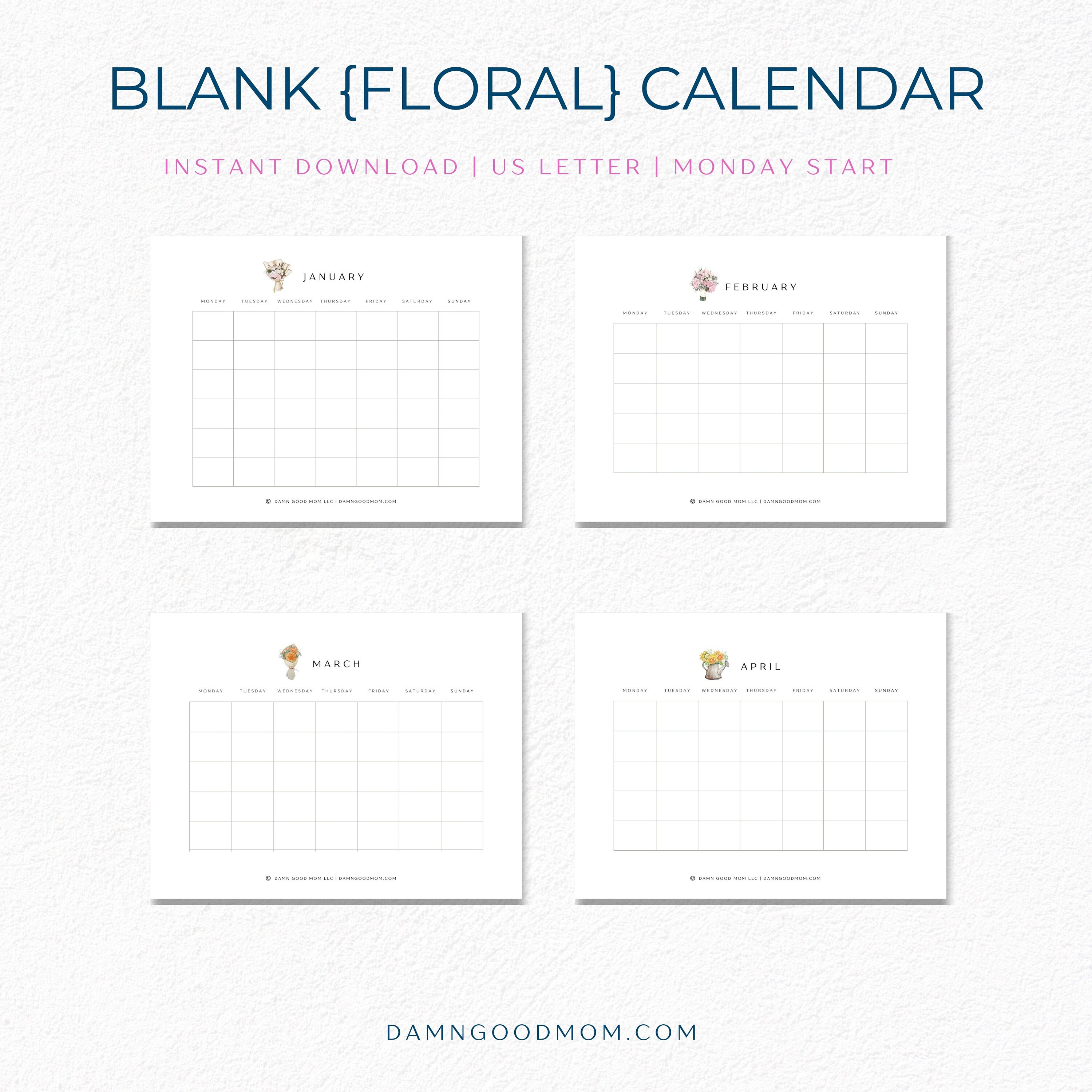 Printable Floral Calendar 12-months | Blank Calendar Templates ...