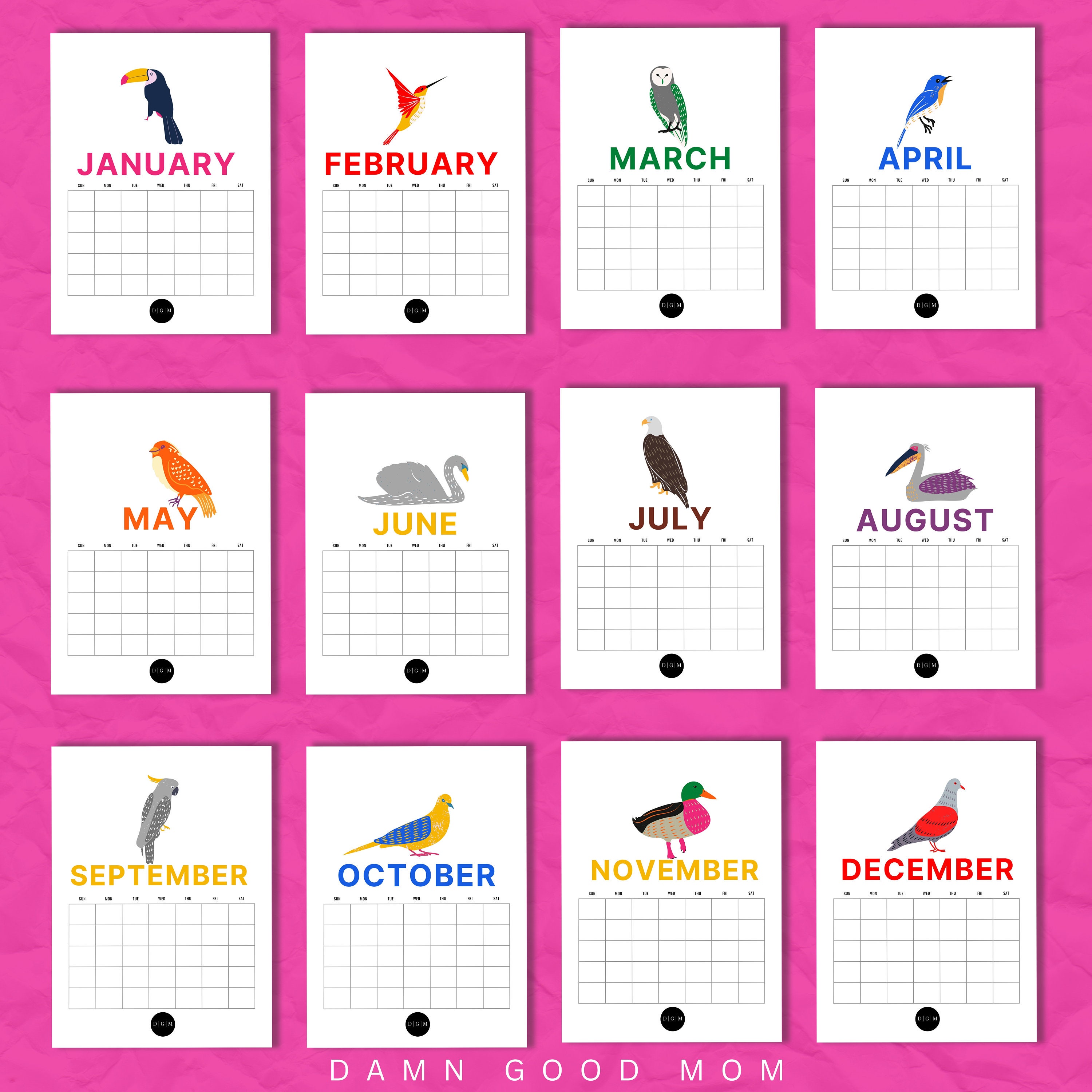 Printable Bird Calendar | 12 Page Blank Monthly Printable Calendar | 12 ...