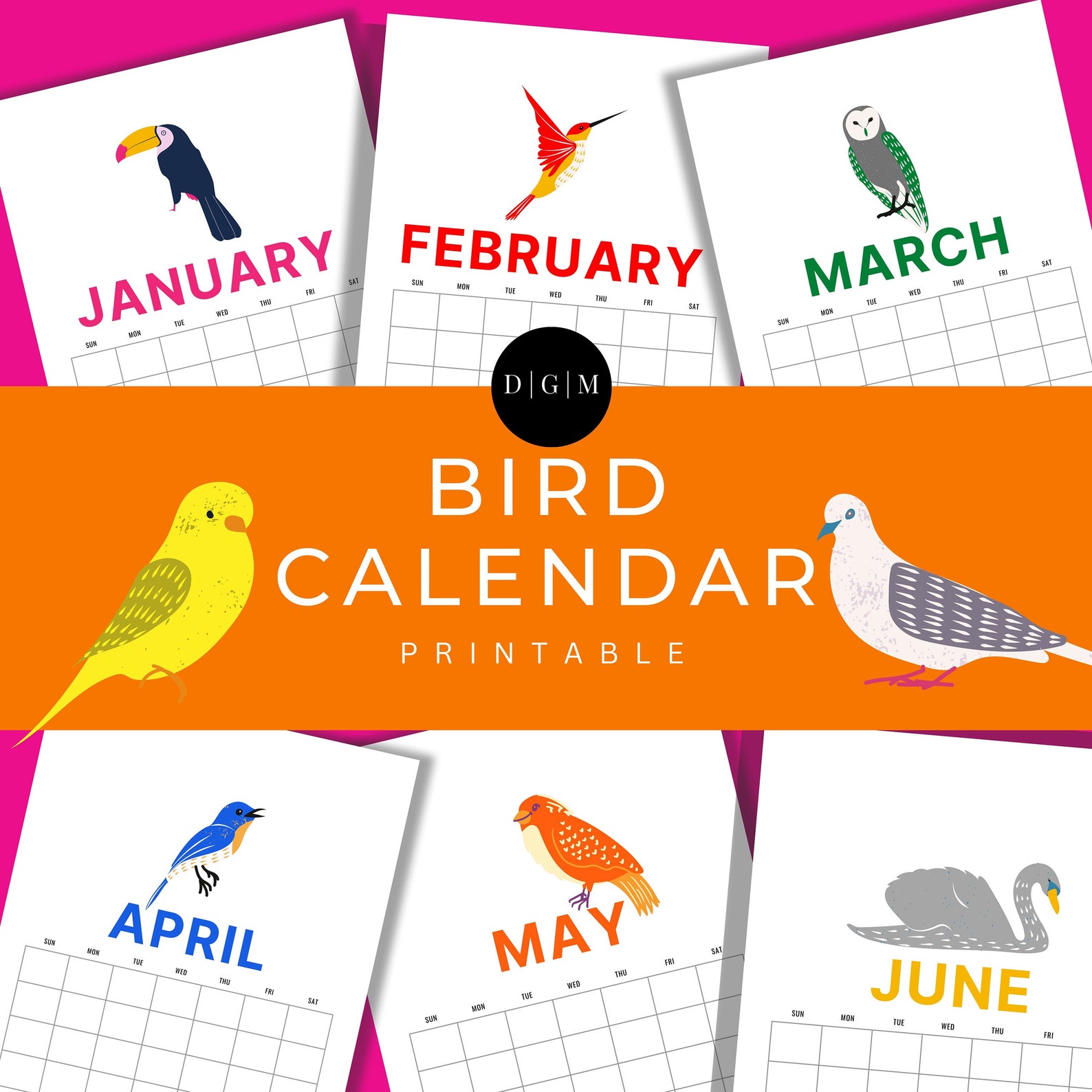 Printable Bird Calendar | 12 Page Blank Monthly Printable Calendar | 12 ...