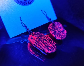 UV Reactive Swirl Earrings – Glow in Black light Polymer Clay Dangles – Neon Rave Accessories – Handmade Statement Jewelry