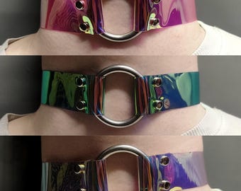 Holographic O-Ring Choker, Reflective PVC Collar, Cyberpunk Rave Jewelry
