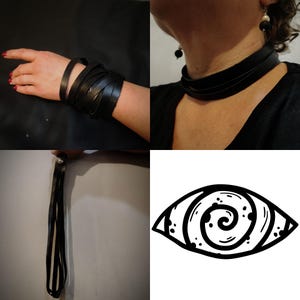 Könnte beinhalten: Eine Sammlung schwarzer Lederaccessoires, darunter eine gewickelte Armbandmanschette, eine Halskette und ein langer, dünner Lederstreifen. Ebenfalls enthalten ist eine schwarz-weiße Grafik eines Auges.