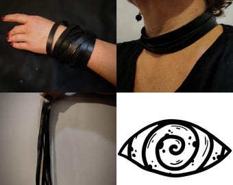 Frusta versatile in pelle fatta a mano, manette, braccialetto in pelle, collana girocollo, accessorio BDSM/kink/nero notte in 2 stili