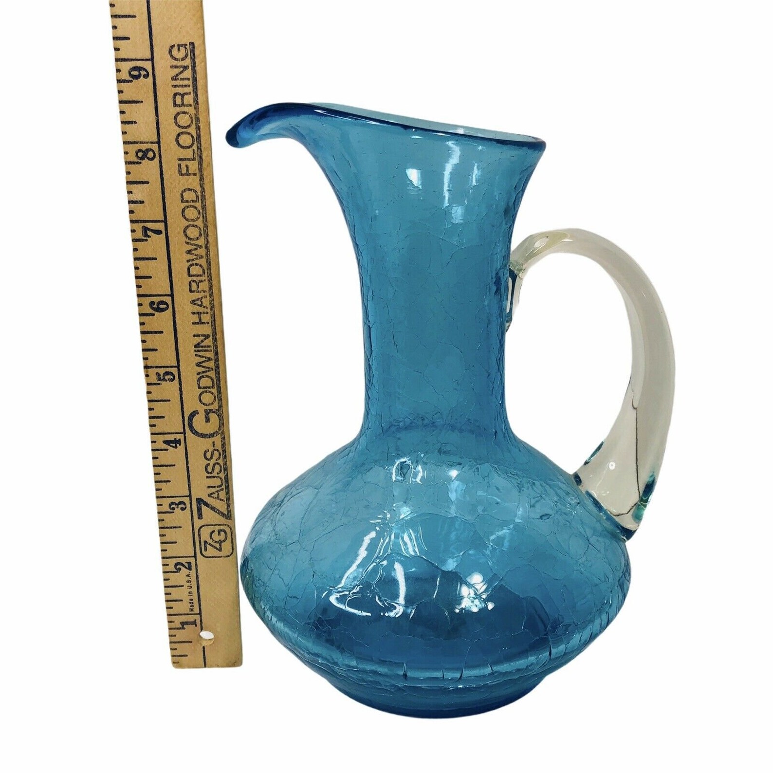 Blenko Large Art Glass Pitcher Hand Blown Aqua Blue Crackle Etsy