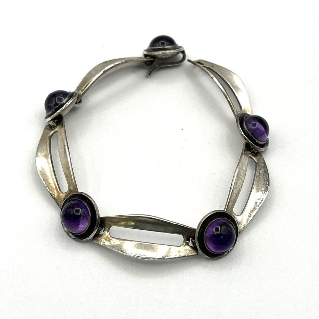 Bracelet Moderniste Vintage Jacob Hull Denmark B&D En Améthyste - Occasion, Métal Argenté