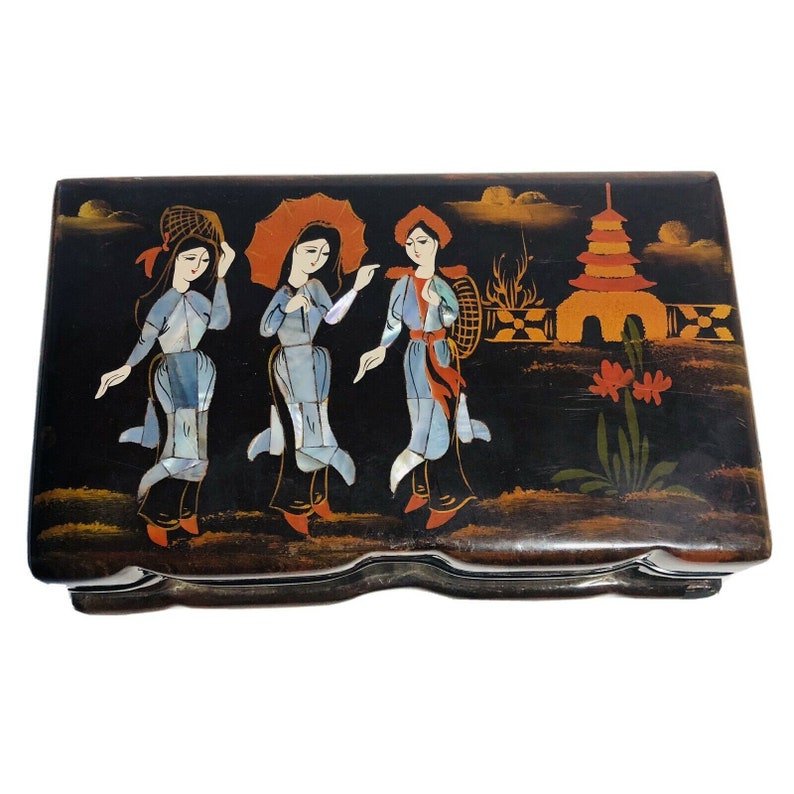 Vintage Japanese Black Lacquer Geisha Girls Pearl Inlay Jewelry Trinket Box