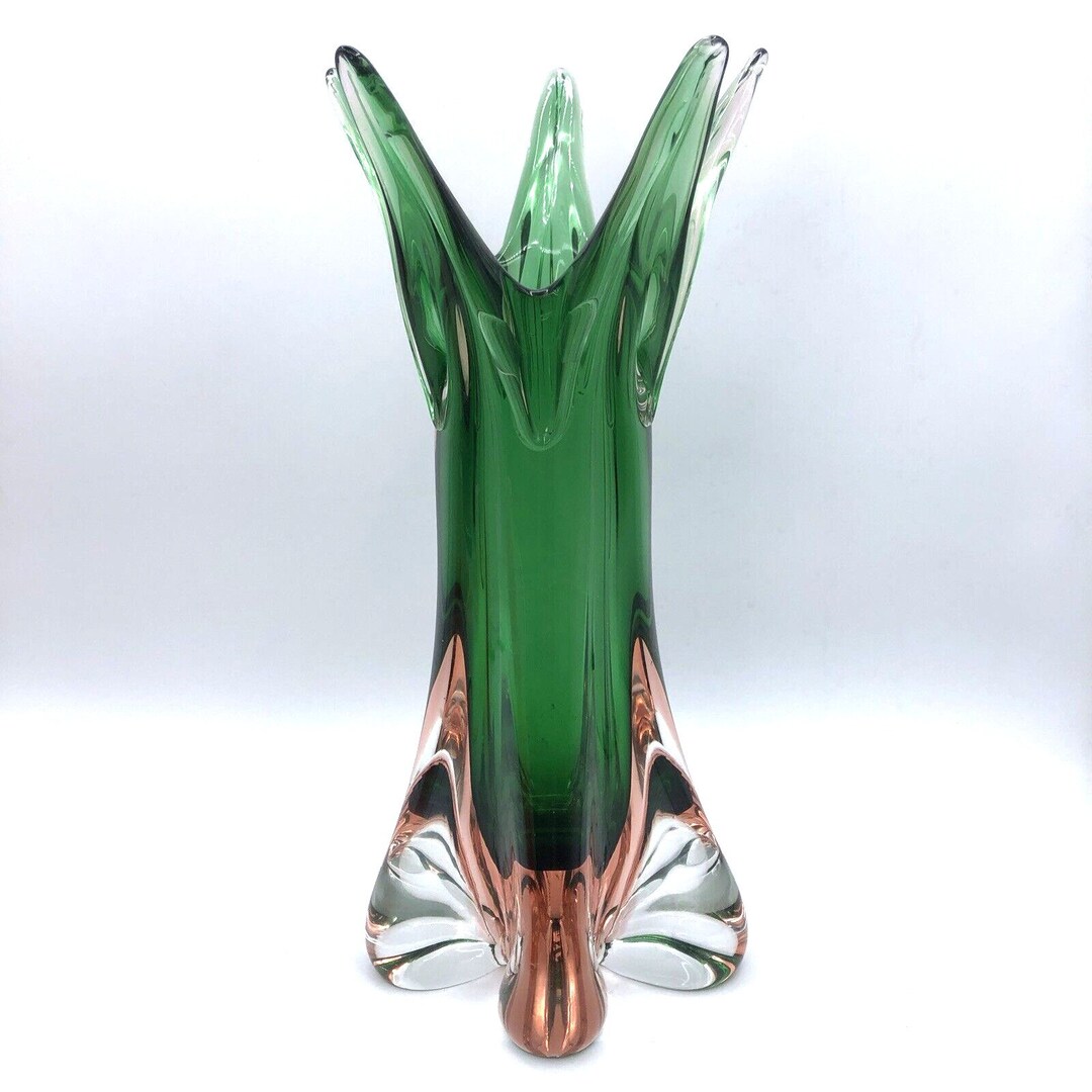 Vintage Murano Swung Vase Pink Green Watermelon Art Glass Finger Vase