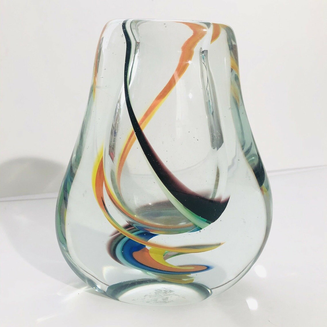Murano Style Art Glass Vase Clear Latticino Marble Ribbon Etsy