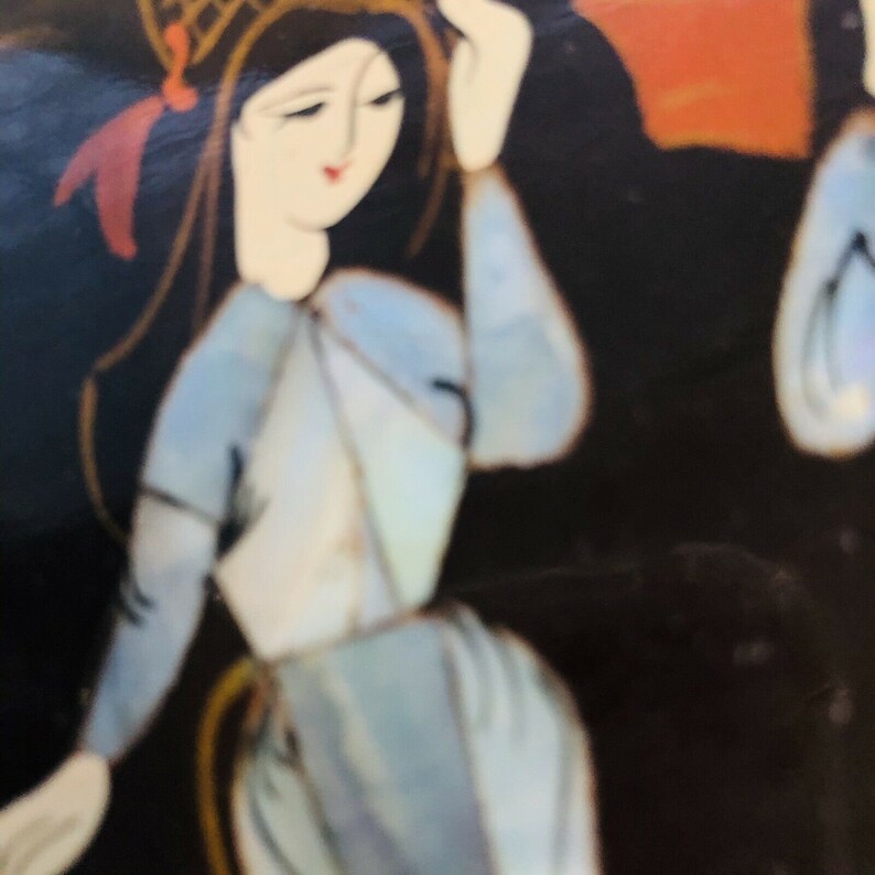 Vintage Japanese Black Lacquer Geisha Girls Pearl Inlay Jewelry Trinket Box
