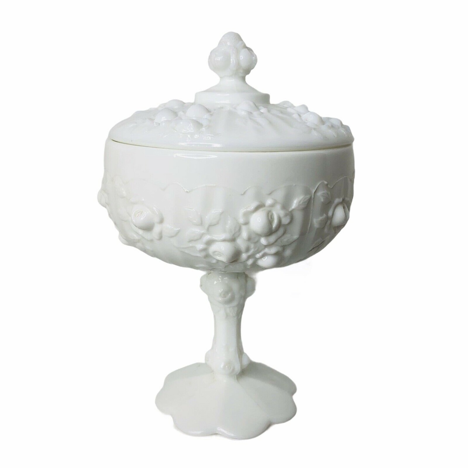 Fenton Milk Glass Rose Pattern Covered Candy Dish 8 Tall Etsy