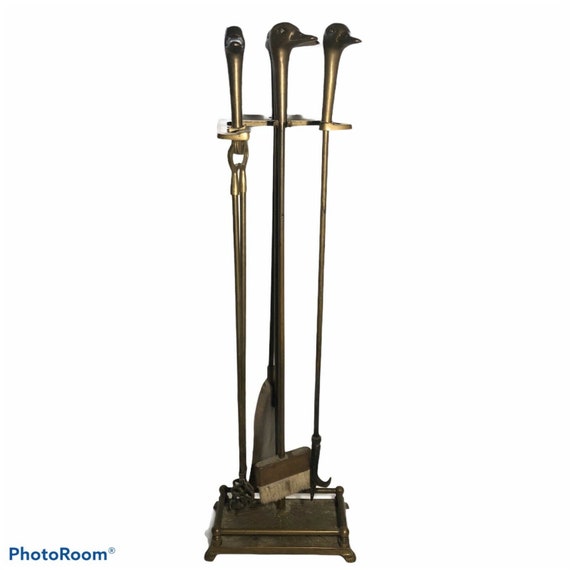 Vintage Brass Duck Head Fireplace Tool Set W/4 Tools & Stand Etsy