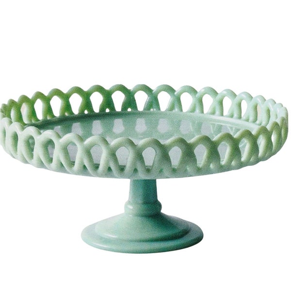 NEW Martha Stewart 8.25" Green Jadeite Scalloped Looped Glass Cake Stand