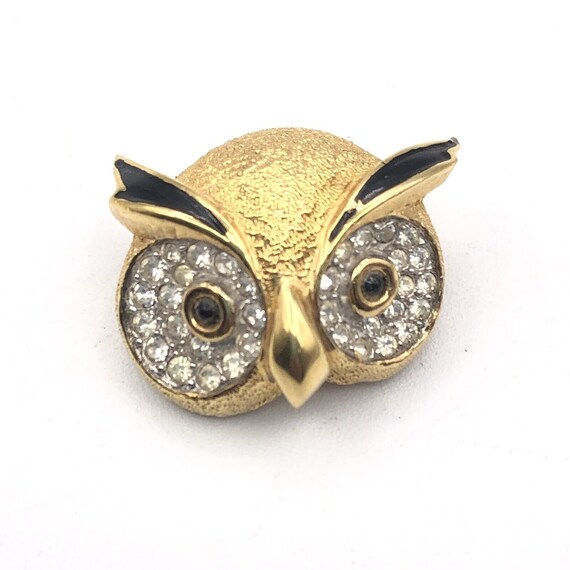 Vintage Jomaz Owl Brooch Enamel Eyes Gold Tone Br… - image 4